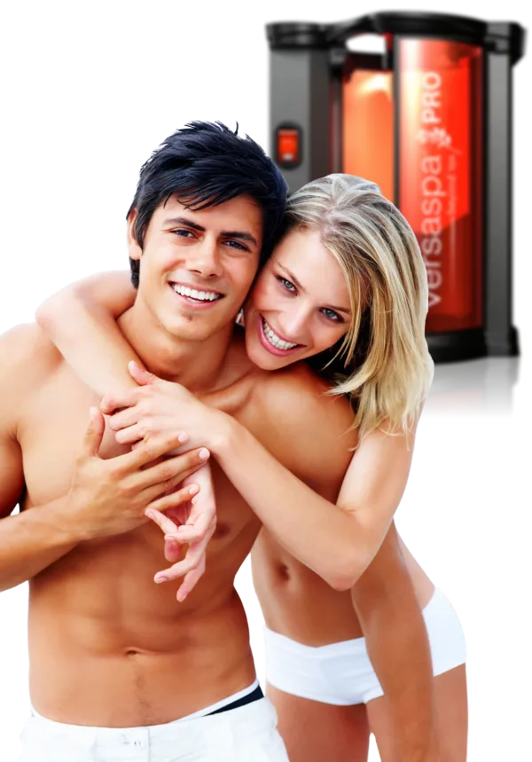 VersaSpa Pro spray tanning booth with male and female models posing, hugging - Central Illinois